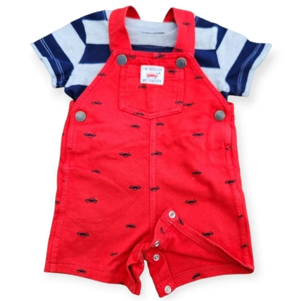 2-Piece Carter's Baby Red shortalls Overalls Striped T-Shirt Kids 12 Months